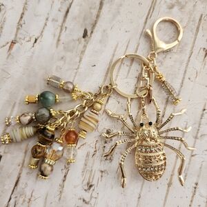 Rhinestone Spider Purse Charm or Keychain Handcrafted Glass Jasper Agate Stone